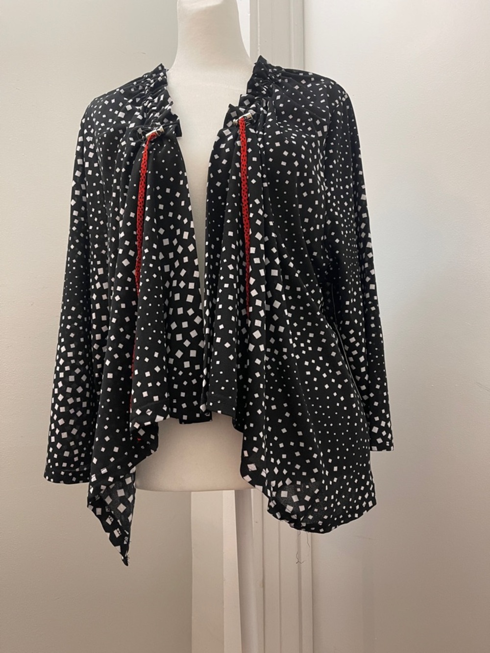 Black & White Geo Print Tie-Front Tunic Top with Red Accents